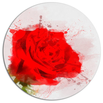 Bright Red Watercolor Rose Sketch, Floral Large Disc Metal Artwork, 11"