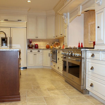 Traditional Mediterranean Off White & Brown Kitchen with paneled refrigerator