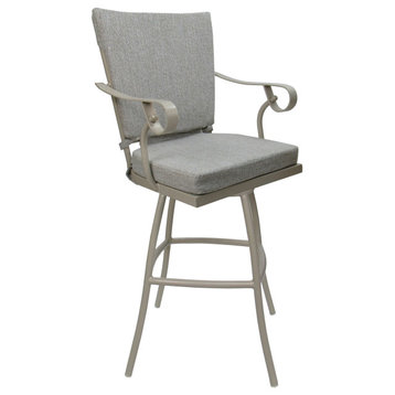 Outdoor Patio Swivel Bar Stool Jamey with Arms, White Linen - Beige, 26"