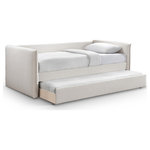 Meridian Furniture - Colton Linen Textured Fabric Upholstered Daybed, Cream - Add this Colton cream linen textured fabric twin daybed to any room where you need additional seating and sleeping space. Upholstered in soft cream durable linen textured fabric, it features a twin daybed with a convenient twin trundle. The rolling trundle can accommodate up to an 8" thick mattress, serving dual purposes as storage space or an additional sleeping area. With its contemporary design, this daybed seamlessly combines versatility and style, making it an essential piece for maximizing comfort and functionality anywhere, including bedrooms and dorm rooms.