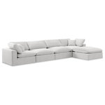 Meridian Furniture - Comfy Upholstered L-Shaped Modular Sectional, Cream, 5-Piece: 2 Armless Chair, 2 Corner Chair, 1 Ottoman, Velvet - Give your space a whole new look with this cream Comfy velvet sectional. This handsome sectional fits nicely with other items in the Comfy collection and is a versatile seating option designed for adaptability, comfort and style. Wrapped in rich cream durable velvet upholstery, this sectional offers a plush embrace of overstuffed down feather cushions, carefully crafted to deliver the highest level of comfort. The perfect seat for creating an oasis for relaxation, this sectional has thick foam surrounding its frame for added support and coziness.