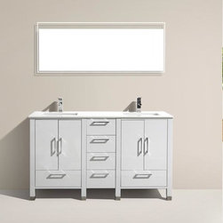 60" Gloss White Vanity with White Quartz Counter Top - Bathroom Vanities And Sink Consoles