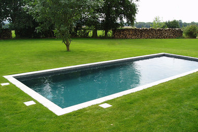 Inspiration for a small modern back rectangular natural swimming pool in Hampshire with tiled flooring.