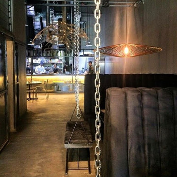 Kitchen with view of the hanging couches