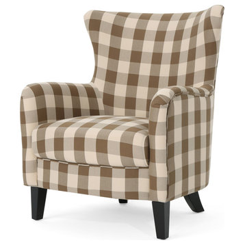 GDF Studio Venette Farmhouse Fabric Upholstered Club Chair, Brown Checkerboard/Dark Brown