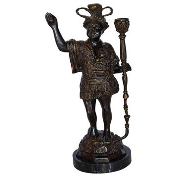 Blackamoor Candle Holder Made of Bronze Statue Mounted on Marble  9" x 4" x 17