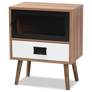 Mid-Century Modern 2-Tone Natural Brown White Finished Wood 1-Drawer Nightstand