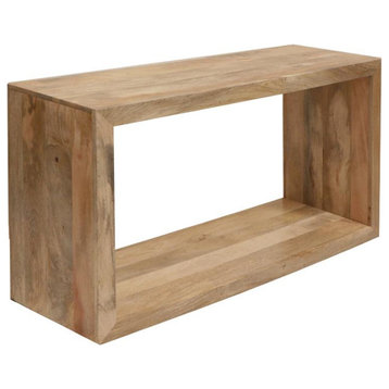52 Inch Cube Shape Mango Wood Console Table with Bottom Shelf in Natural Brown