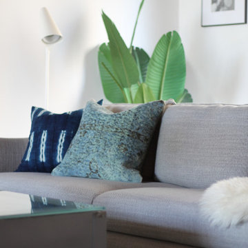 Palm Tree and West Elm Sofa in Coastal Room