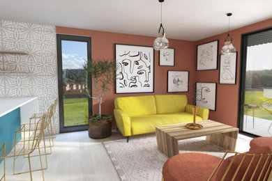Living room - small eclectic open concept beige floor and light wood floor living room idea in Los Angeles with orange walls, no fireplace and no tv