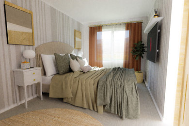 Ejemplo de dormitorio infantil actual pequeño con paredes beige, suelo laminado, suelo gris y papel pintado