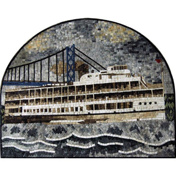 Boat and Brooklyn Bridge New York Mosaic, 31"x39"
