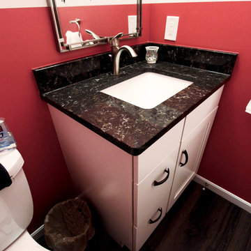 Red and White Powder Room with Waypoint Vanity and Eternia Quartz Countertop