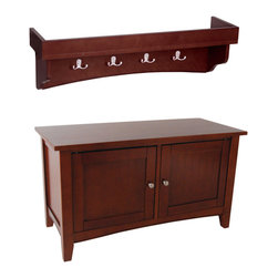Bolton Furniture - Shaker Cottage Storage Bench/Coat Hooks w/Tray, Cherry - Hall Trees