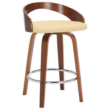 Sonia Swivel Faux Leather and Wood Stool, Cream and Walnut, Counter Height 26"