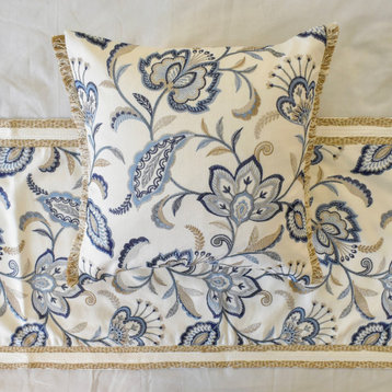 Designer Blue Cotton Queen 74"x18" Bed Runner, Floral Morning Glories