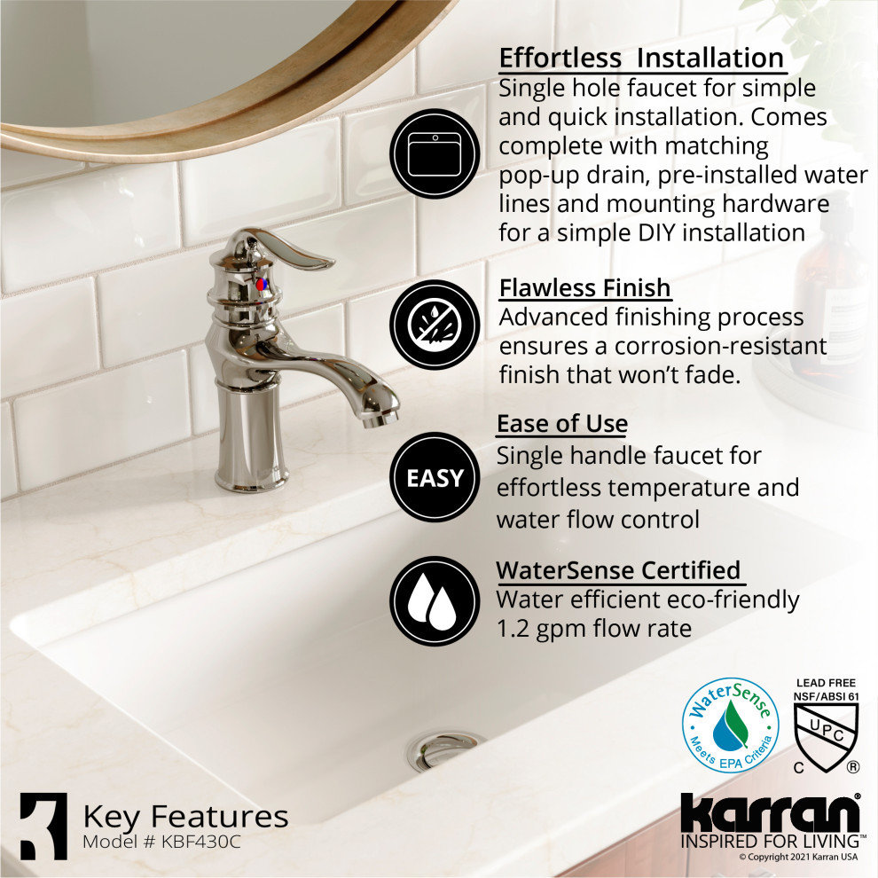 Karran KBF430 1-Hole 1-Handle Basin Faucet With Pop-up Drain, Chrome
