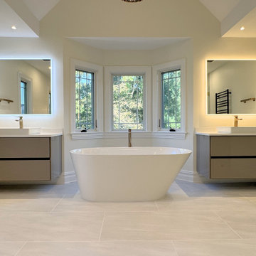Freestanding Tub Between Twin Vanities
