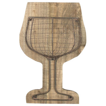 Eclectic Rustic Wood Wine Glass Shaped Cork Holder Wire Mesh Wall Basket