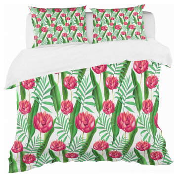 Red Tropical Flowers Floral Duvet Cover Set, Full/Queen