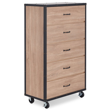 Weathered Light Oak Dresser on Wheels with Nail-Head Trim & Metal Pulls