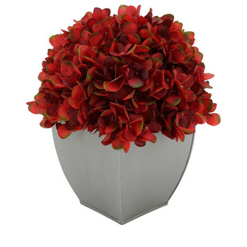 Artificial Hydrangea in Silver Tapered Zinc Cube, Burgundy