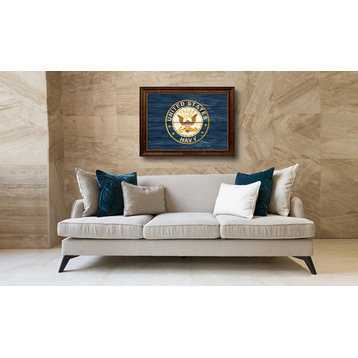 US Navy Military Textured Flag Print With Brown Gold Frame, 23"X33"