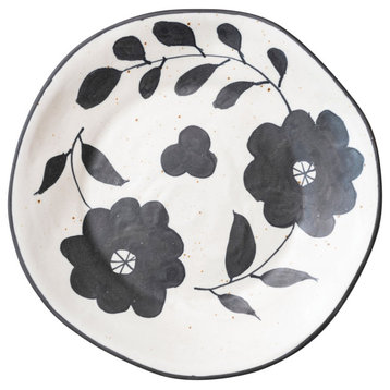 Organically Shaped Edge Stoneware Plate with Floral Design, Black and White