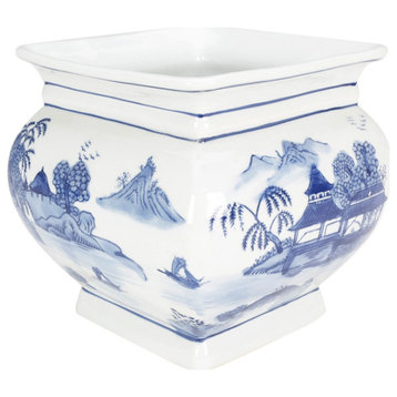 Square Porcelain Planter, Blue Pagoda Scene