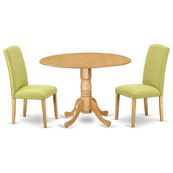 3 Pieces Dining Set, Round Tabletop With Drop Down Leaves, Oak/Limelight