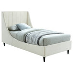 Meridian Furniture - Eva Velvet Upholstered Bed, Cream, Twin - Snuggle up to a pet or other loved one in this richly upholstered Eva cream velvet twin size bed for the ultimate in rest and relaxation. The wing back headboard has cushioned vertical deep channel tufting, and both the side rails and footboard are upholstered too for your comfort. Tapered black wood legs match the upholstery and support this contemporary bed, elevating it sufficiently that you can store items underneath.