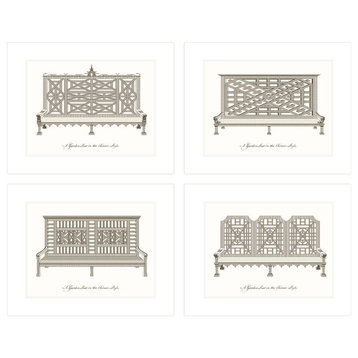 4-Piece Chinoiserie Garden Bench Illustrations, Sepia on Watercolor Paper
