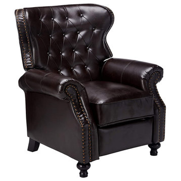 Classic Recliner Club Chair, Brown Leather Upholstery With Tufted Wingback