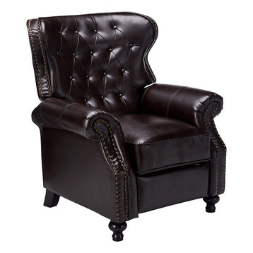 Classic Recliner Club Chair, Brown Leather Upholstery With Tufted Wingback