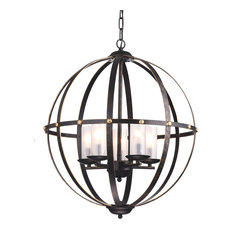 5-Light Antique Bronze Globe Orb Cage Chandelier With Glass Sconces Farmhouse