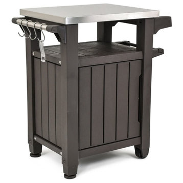 Portable Outdoor Table and Storage Cabinet with Hooks for Grill Accessories