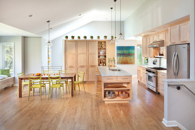 Inspiration for a mid-sized contemporary light wood floor eat-in kitchen remodel in DC Metro with light wood cabinets, marble countertops, stainless steel appliances and an island