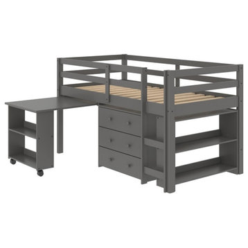 Donco Kids Twin Wooden Low Loft Bed with Desk and Storage in Gray