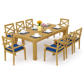 9-Piece Outdoor Teak Dining Set: 86" Rectangle Table, 8 Grand Stacking Arm Chair