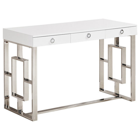 Brooks Contemporary 3-Drawer Writing Desk, White/Silver