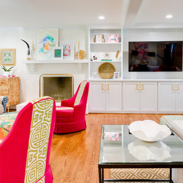 Bright Family Room with Custom Built-Ins and Bold Accents