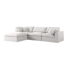 Serene Linen Down Filled Cloud Modular Sectional, Cream, 3-Seater and 1 Ottoman