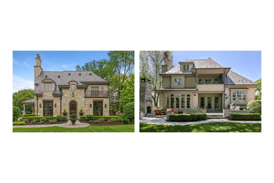 Inspiration for a large country beige three-story stone house exterior remodel in Chicago with a mixed material roof