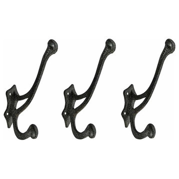 3 Hooks Black Wrought Iron Double Coat 6 1/2"H X 3 1/2" Proj Pack of 3