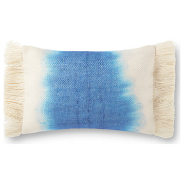 Blue 13"x21" Water Effect Ombre Hand-dyed Natural Fringe Lumbar Pillow