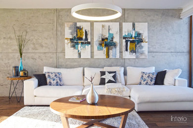 Example of a mid-sized trendy open concept dark wood floor and brown floor living room design in Other with gray walls, a tile fireplace, a wall-mounted tv and a ribbon fireplace