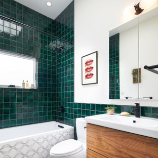 Mid-sized trendy master green tile single-sink bathroom photo in San Francisco with flat-panel cabinets, dark wood cabinets, white countertops and a floating vanity
