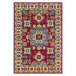 Bareens Designer Rugs - Tribal Kazak Jerlene Red/Beige Wool Rug - 2'9'' x 4'2'' - Embellish your home with this exquisitely hand-knotted Kazak Rug made with the finest hand spun wool and all vegetable dyes. Demonstrating incredible attention to detail, this hand-knotted masterpiece features an intricate Kazak pattern in a classic color palette. Made in the Caucasian designs from Russia and the northern Persian empire, each Kazak incorporates distinctive tribal flavor with elements such as the stepped hooted polygons, geometrical medallions, animals and rosettes. The straight, clean lines and bold tones embody the weaving style of the Armenian and Afghani weavers known for these iconic designs. This magnificent rug featuring soft luscious pile and is made with handspun wool and natural dyes to produces soft luminous shades causing a beautiful sheen. With geometric designs and bold vibrant saturated colors predominately blues, reds, greens, and gold make a bold statement in any decor. The construction technique used ensures that the designs and colors Ae capable to withstand heavy traffic area.