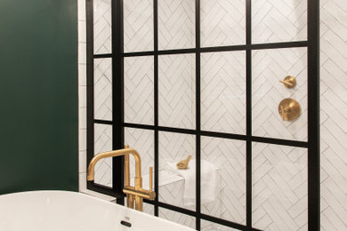 Inspiration for a mid-sized 1950s master white tile and porcelain tile porcelain tile, black floor, double-sink and wood ceiling bathroom remodel in Chicago with shaker cabinets, brown cabinets, green walls, quartzite countertops, white countertops and a freestanding vanity