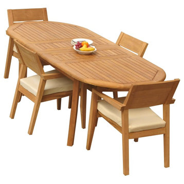 5-Piece Outdoor Teak Dining Set: 94" Oval Extn Table, 4 Celo Stacking Arm Chairs